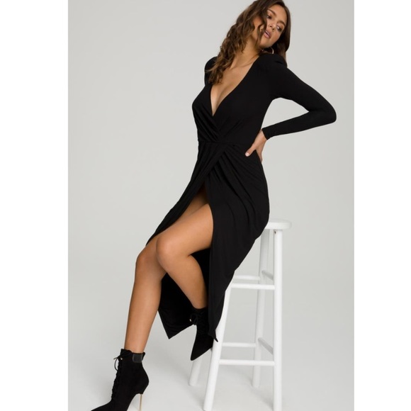 Good American Strong Shoulder Long Sleeve Black Stretch Jersey Knit Wrap Dress - Picture 7 of 17